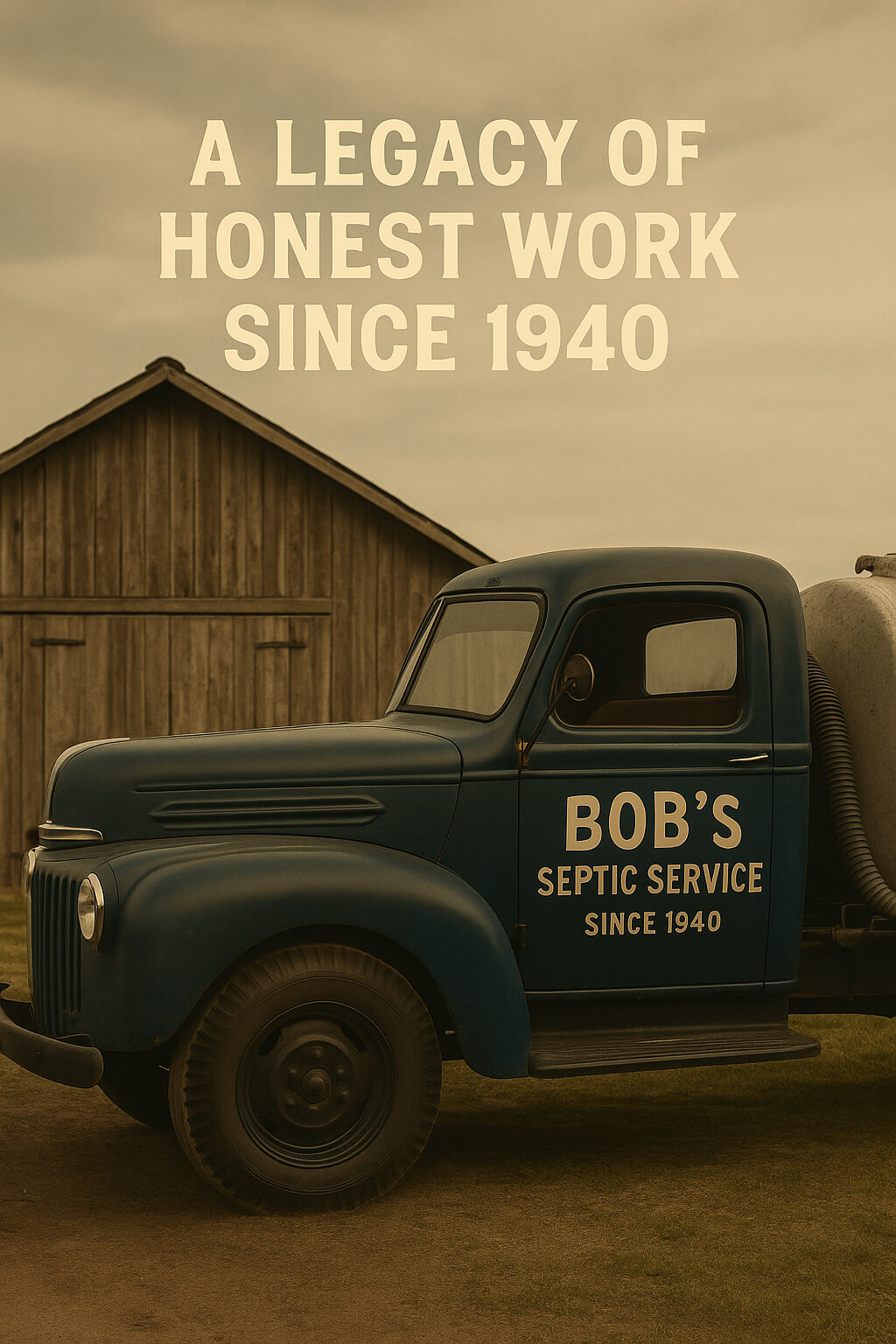 A blended image showing Bob’s Septic Service history — from a 1940s vintage septic truck to a modern technician at work, symbolizing generations of local expertise and trust.