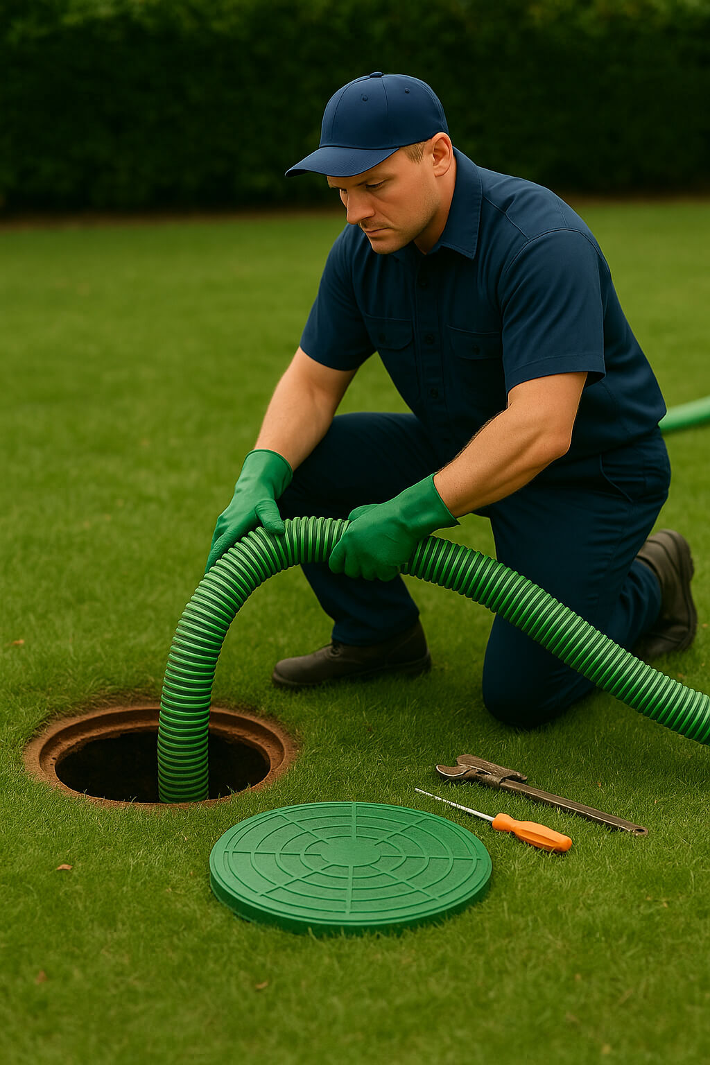 A professional septic technician working beside an open residential septic tank riser with hose and tools, positioned to one side in a clean, sunlit backyard.