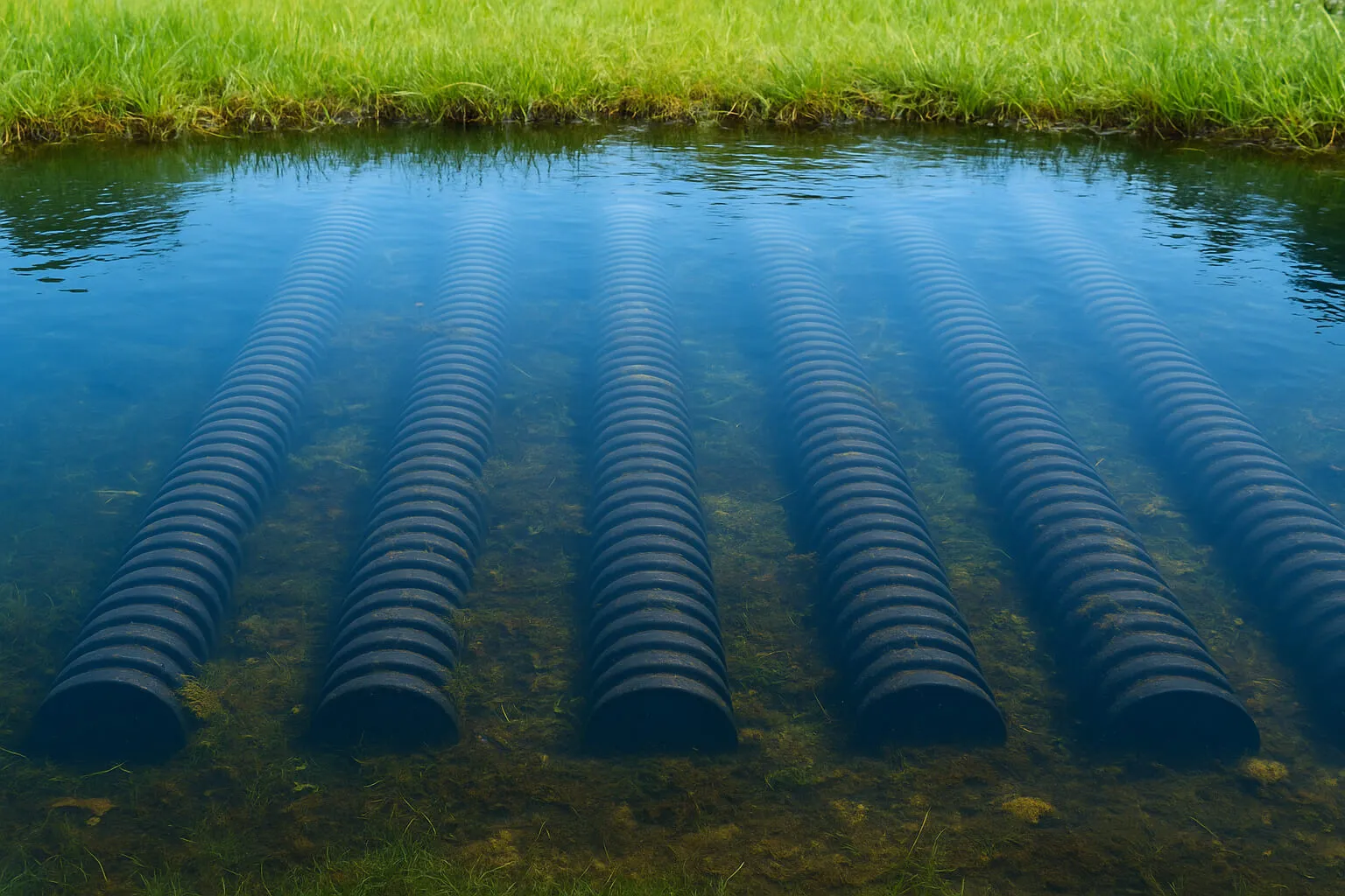 A residential septic drain field under repair in Clark County, Washington, showing flooded soil and drainage pipes being inspected during maintenance.