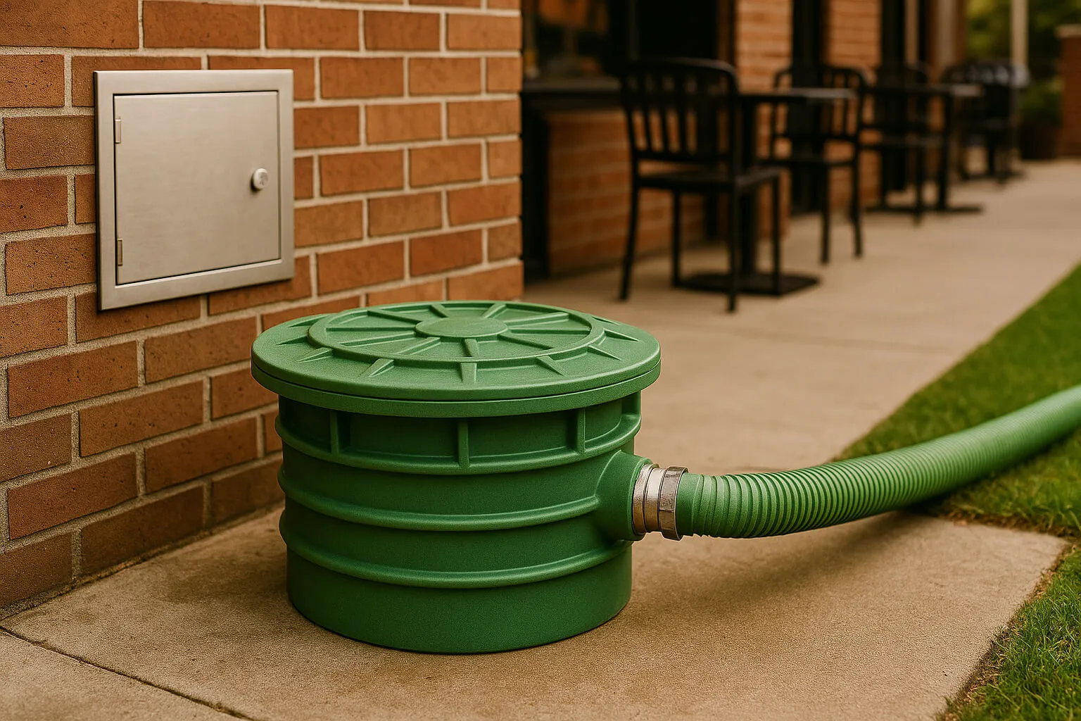Commercial grease trap access lid beside a concrete pad outside a restaurant, used for routine pumping and maintenance services in Clark County, WA.