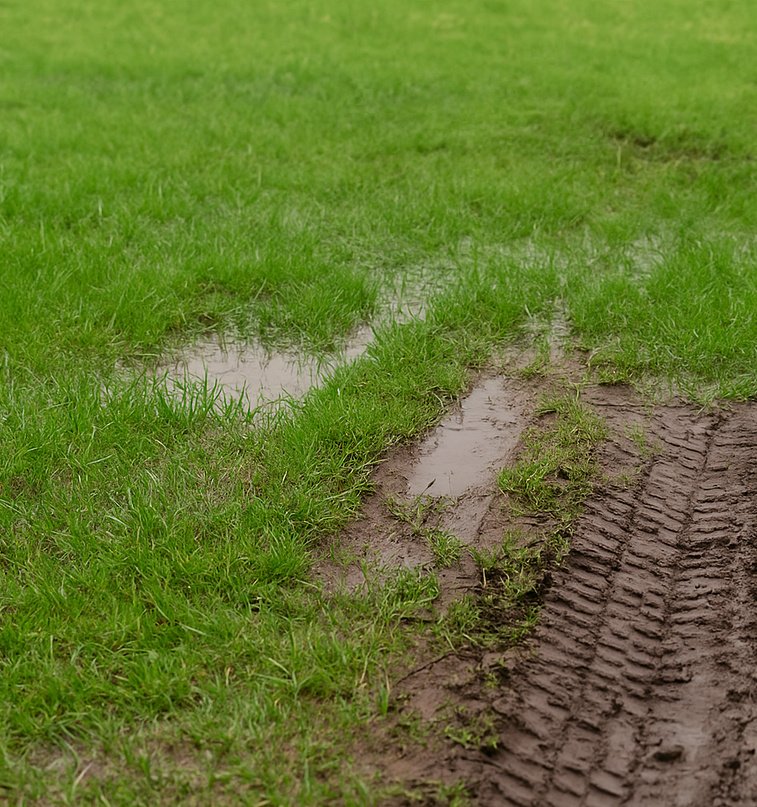 Muddy tire tracks damaging a residential septic drain field, showing the effects of driving over a septic system.