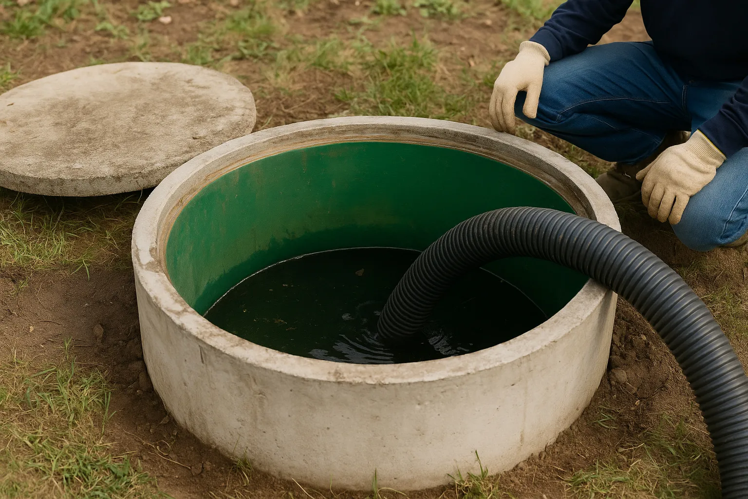 Septic technician repairing a residential septic system in Clark County, Washington, with tools and exposed tank during daytime service.