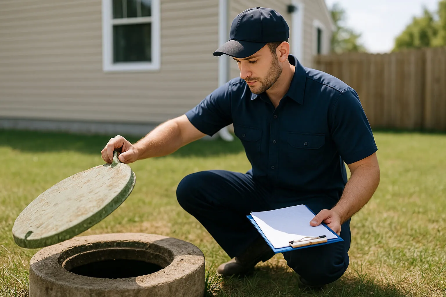 Septic technician inspecting a residential septic tank in Clark County, Washington, during a professional service visit.
