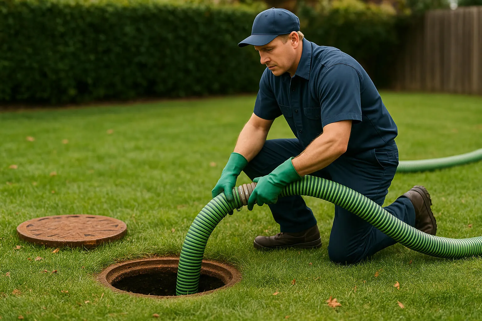 Technician performing septic tank pumping service at residential property — professional maintenance to prevent backups