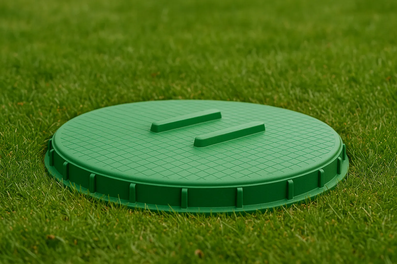 Low-profile green septic tank lid installed flush with lawn for easy access and maintenance in Vancouver, WA.